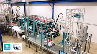 RAPTOR: A dual-robot system for order preparation, where one robot depalletizes products by SKU into buffer lanes, while the other builds precise mixed-SKU order pallets from that buffer