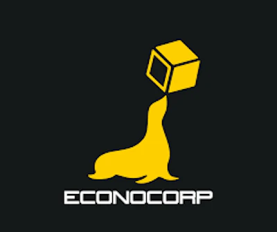 EconoCorp logo featuring a gold seal holding a geometric cube above stylized text