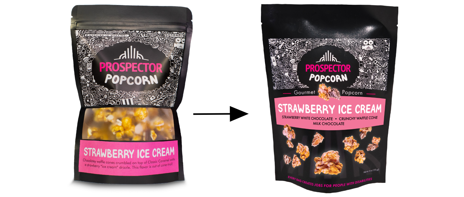 Prospector Popcorn&rsquo;s redesign replaces a transparent window with macro product photography, while moving the flavor name to the center of the pouch for improved shelf visibility and consistency across distribution.