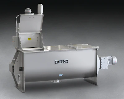 A new Munson Ribbon Blender with an integral bag dump station collects airborne dust generated during manual additions to the batch, improving worker safety and plant hygiene. Dust generated during manual dumping is drawn onto cartridge filters of the dust collector, as nozzles within each cartridge blast air on an alternating basis to dislodge accumulated material, returning it to the batch.
