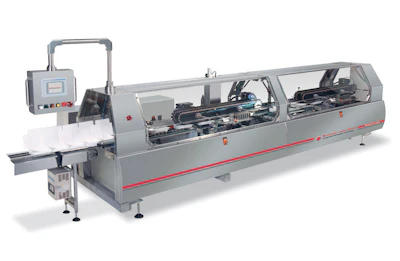 Industrial edgebanding machine with gray frame, control panel, and red accent stripe for woodworking applications