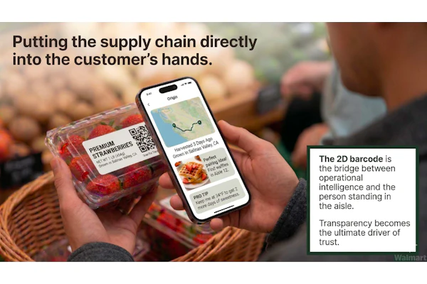 A shopper scans a clamshell of Salinas Valley strawberries and sees where and when it was harvested, a suggested storage temperature, and a pairing idea. In Bonin's framing, the 2D barcode is where the supply chain's operational intelligence finally reaches the person in the aisle.