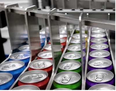 Colorful beverage cans arranged in rows on a production line with blue, red, green, and purple colored containers
