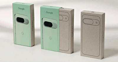Three Google Pixel phone boxes in mint green, beige, and gray displaying the Google logo and camera design