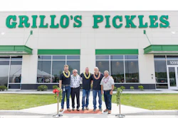 From left, Dustin Etchison (Grillo's Pickles Indiana General Manager), John Linehan (IFG President & Board Director), Bill Russell (Grillo's Pickles Chief Operating Officer), Adam Kaufman (Grillo's Pickles President & CEO) and Mark Taira (King's Hawaiian CEO) celebrate the grand opening of the new Grillo's Pickles production facility in Bartholomew County, Ind.