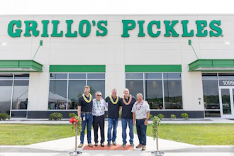 From left, Dustin Etchison (Grillo's Pickles Indiana General Manager), John Linehan (IFG President & Board Director), Bill Russell (Grillo's Pickles Chief Operating Officer), Adam Kaufman (Grillo's Pickles President & CEO) and Mark Taira (King's Hawaiian CEO) celebrate the grand opening of the new Grillo's Pickles production facility in Bartholomew County, Ind.
