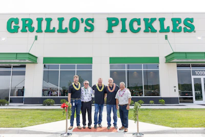 From left, Dustin Etchison (Grillo's Pickles Indiana General Manager), John Linehan (IFG President & Board Director), Bill Russell (Grillo's Pickles Chief Operating Officer), Adam Kaufman (Grillo's Pickles President & CEO) and Mark Taira (King's Hawaiian CEO) celebrate the grand opening of the new Grillo's Pickles production facility in Bartholomew County, Ind.