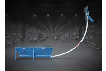 This Flexicon flexible screw conveyor with trough hopper can receive material from multiple outlets of feeders, grinders, blenders, bulk bag dischargers, or any process equipment with a wide-style discharge.