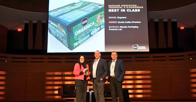 Adi Montas, marketing commercialization manager at Zavida Coffee Roasters (left), accepts the Best in Class PAC Global Award in the Technical category for package innovation design at the 2026 PAC Global Awards.