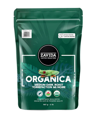 The 2-lb resealable stand-up pouch is where Zavida Coffee Roasters' Organica brand story started — and what the new box for coffee pods had to translate.