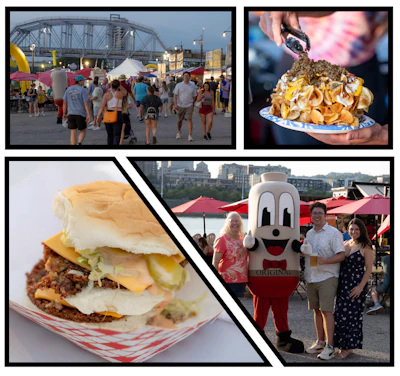 Food festival scenes featuring carnival games, loaded fries, pulled pork sandwich, and Heinz mascot character with visitors
