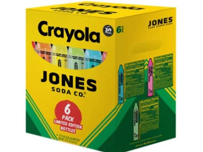 The six-pack carton contains six bottles, each linked to a specific Crayola color through coordinated graphics and color-coded flavor identification