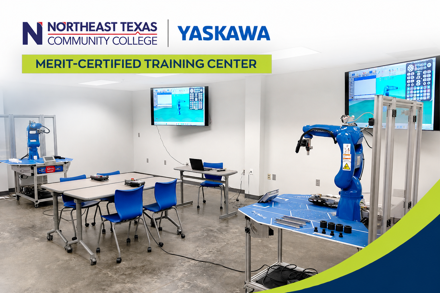 Northeast Texas Community College Yaskawa Merit-Certified Training Center with robotic arms and computer workstations