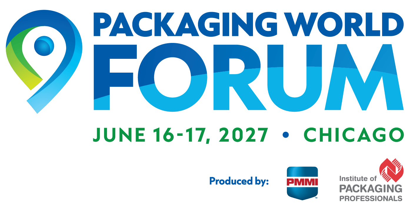 Packaging World Forum logo with location pin icon and event details for June 16-17, 2027 in Chicago