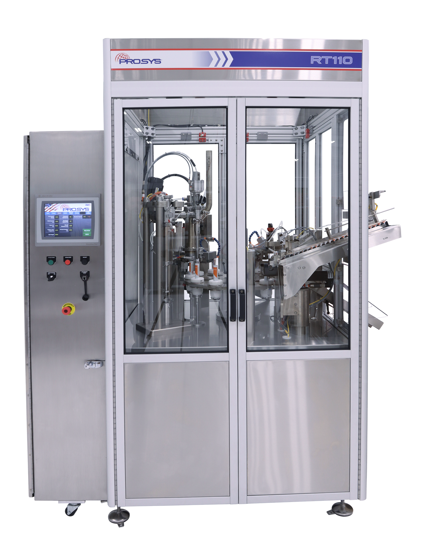 Prosys RT110 robotic assembly machine with control panel and dual-chamber processing system