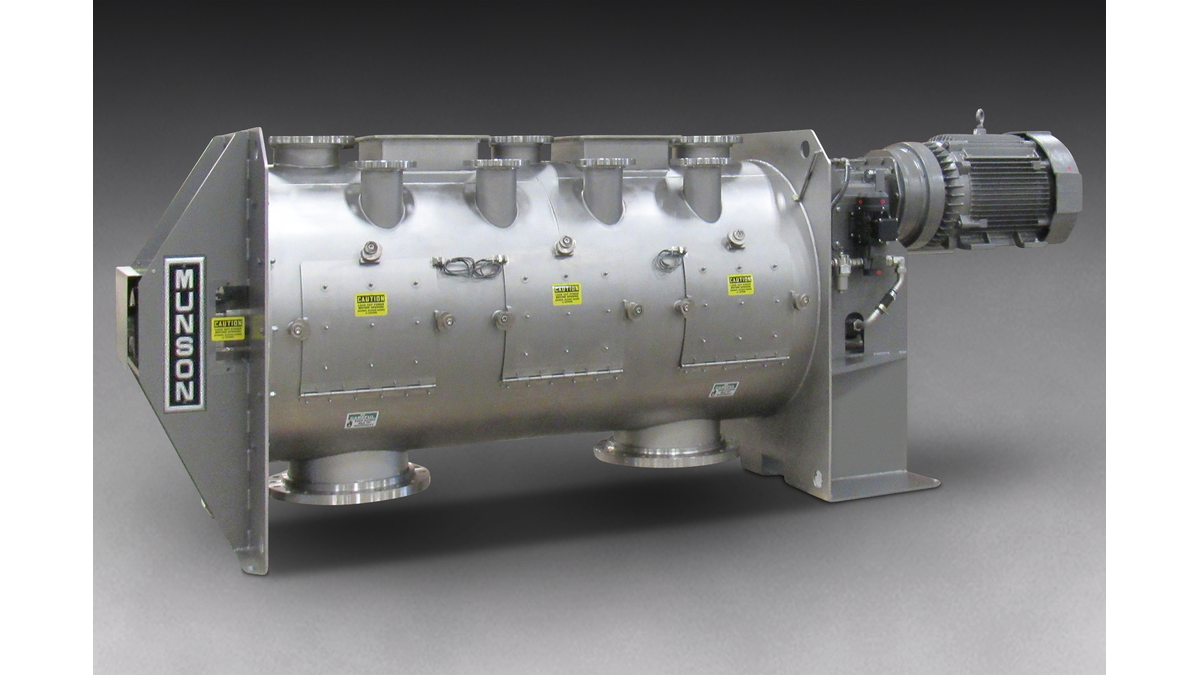 Industrial ribbon blender mixer with electric motor drive and stainless steel cylindrical drum