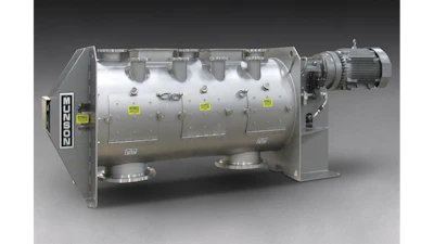 Industrial ribbon blender mixer with electric motor drive and stainless steel cylindrical drum
