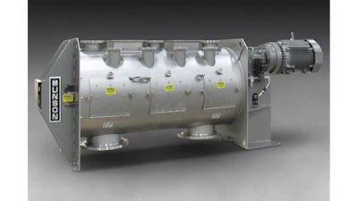 Industrial ribbon blender mixer with electric motor drive and stainless steel cylindrical drum