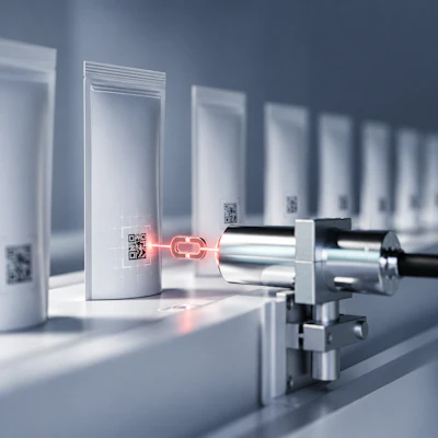 Industrial laser marking device projecting red beam onto cylindrical product with QR code in manufacturing facility