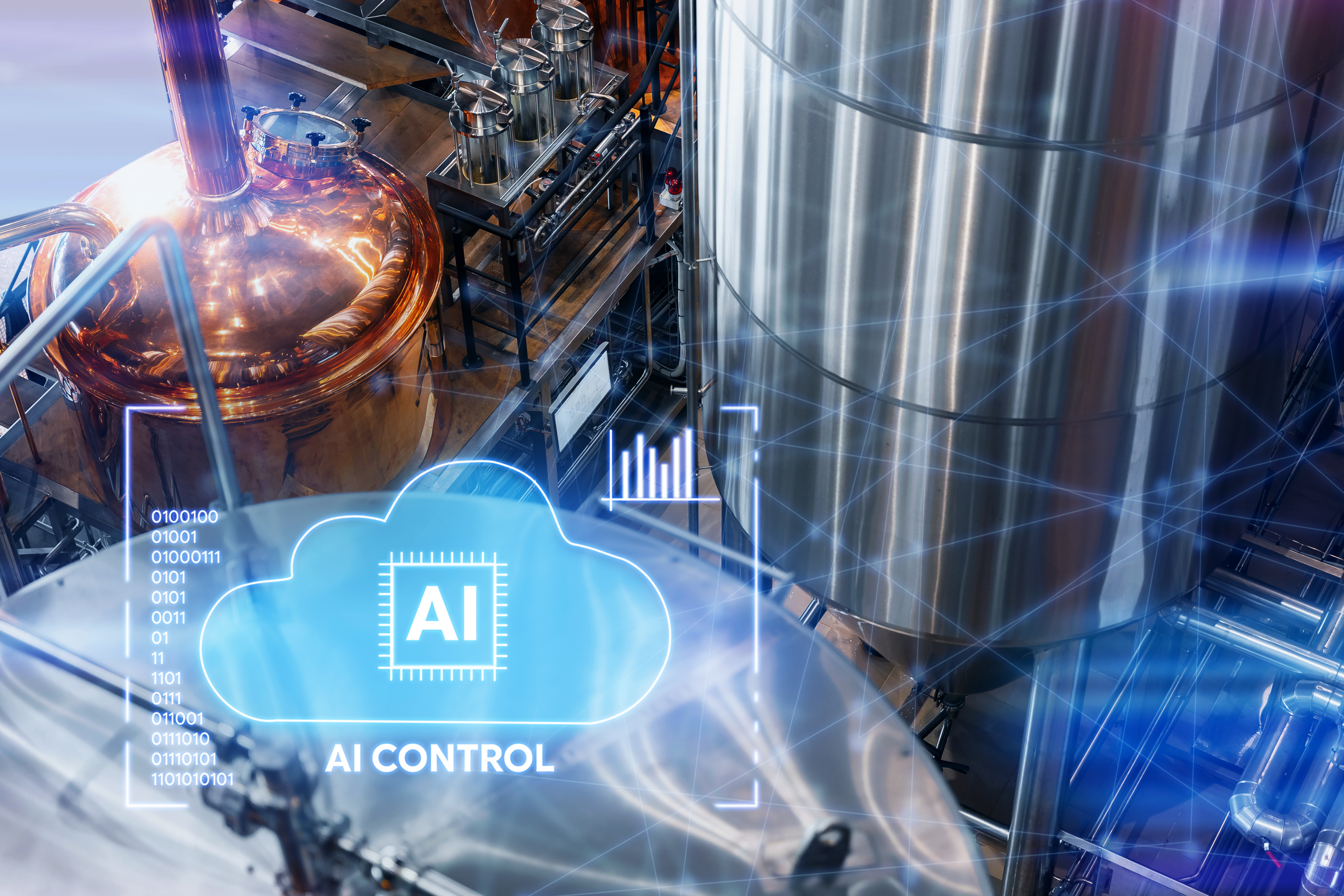 Industrial brewery equipment with AI control system visualization overlay showing cloud computing and circuit board technology integration