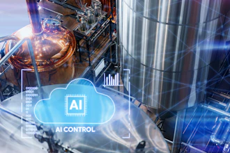Industrial brewery equipment with AI control system visualization overlay showing cloud computing and circuit board technology integration
