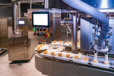Industrial food processing machine with control panel dispensing product onto circular conveyor system