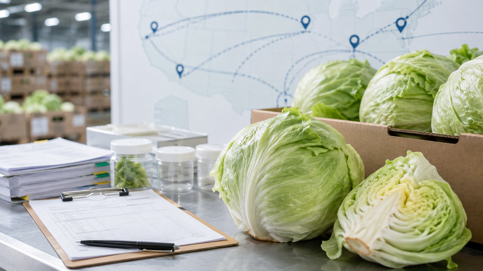 Fresh green cabbage heads in cardboard box on office desk with logistics map and clipboard