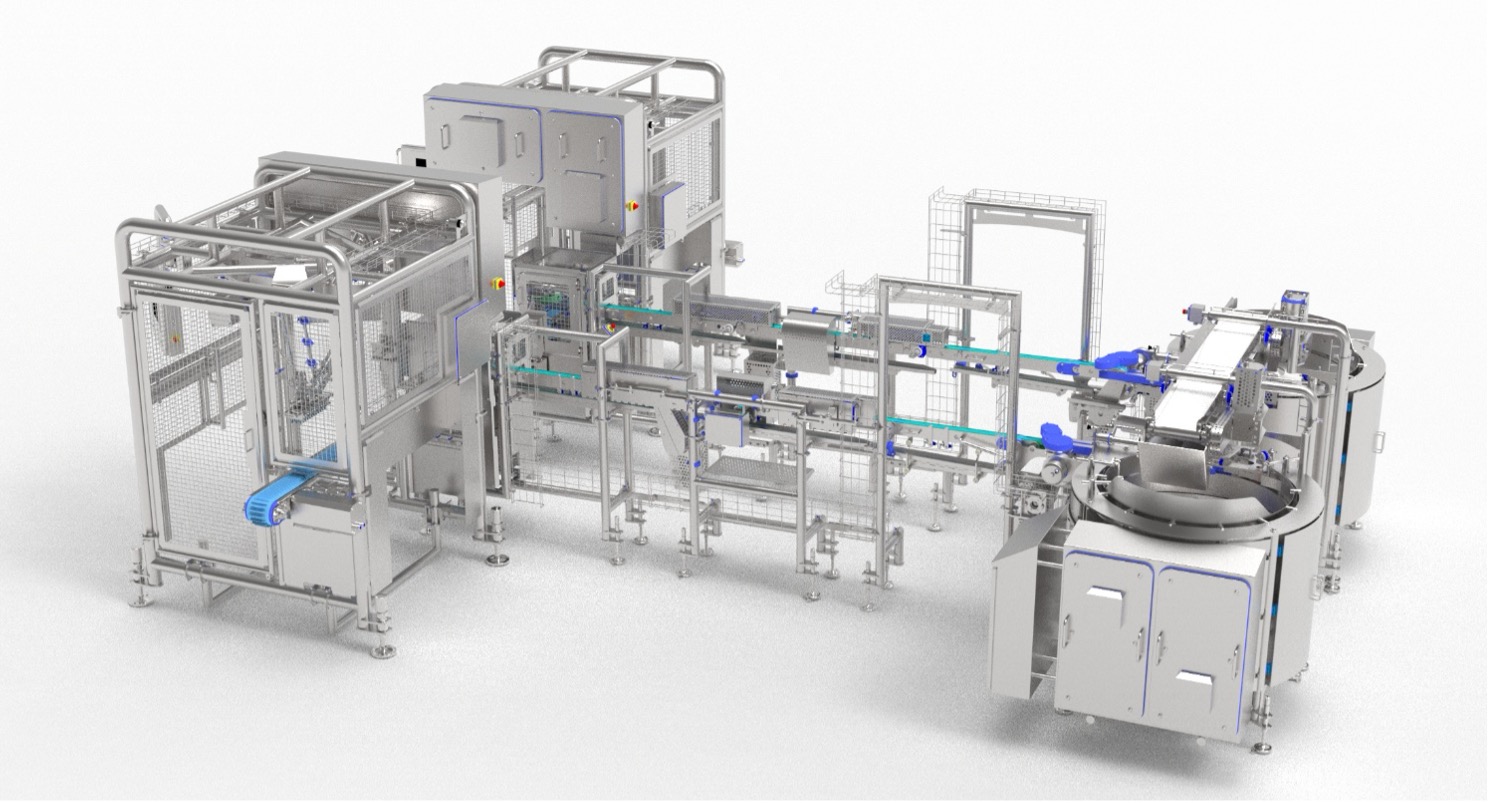 ELCAT automated system combining centrifugal feeding, high-speed product alignment and robotic pick-and-place for food sticks.