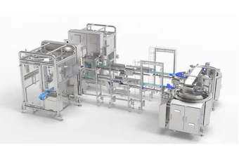 ELCAT automated system combining centrifugal feeding, high-speed product alignment and robotic pick-and-place for food sticks.