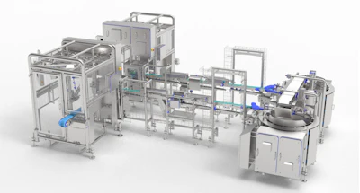 ELCAT automated system combining centrifugal feeding, high-speed product alignment and robotic pick-and-place for food sticks.