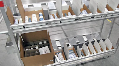 Cases and cartons are selected by the dimensioning system and staged with barcode-labeled positions before picking begins, removing the packer’s discretion over box size.