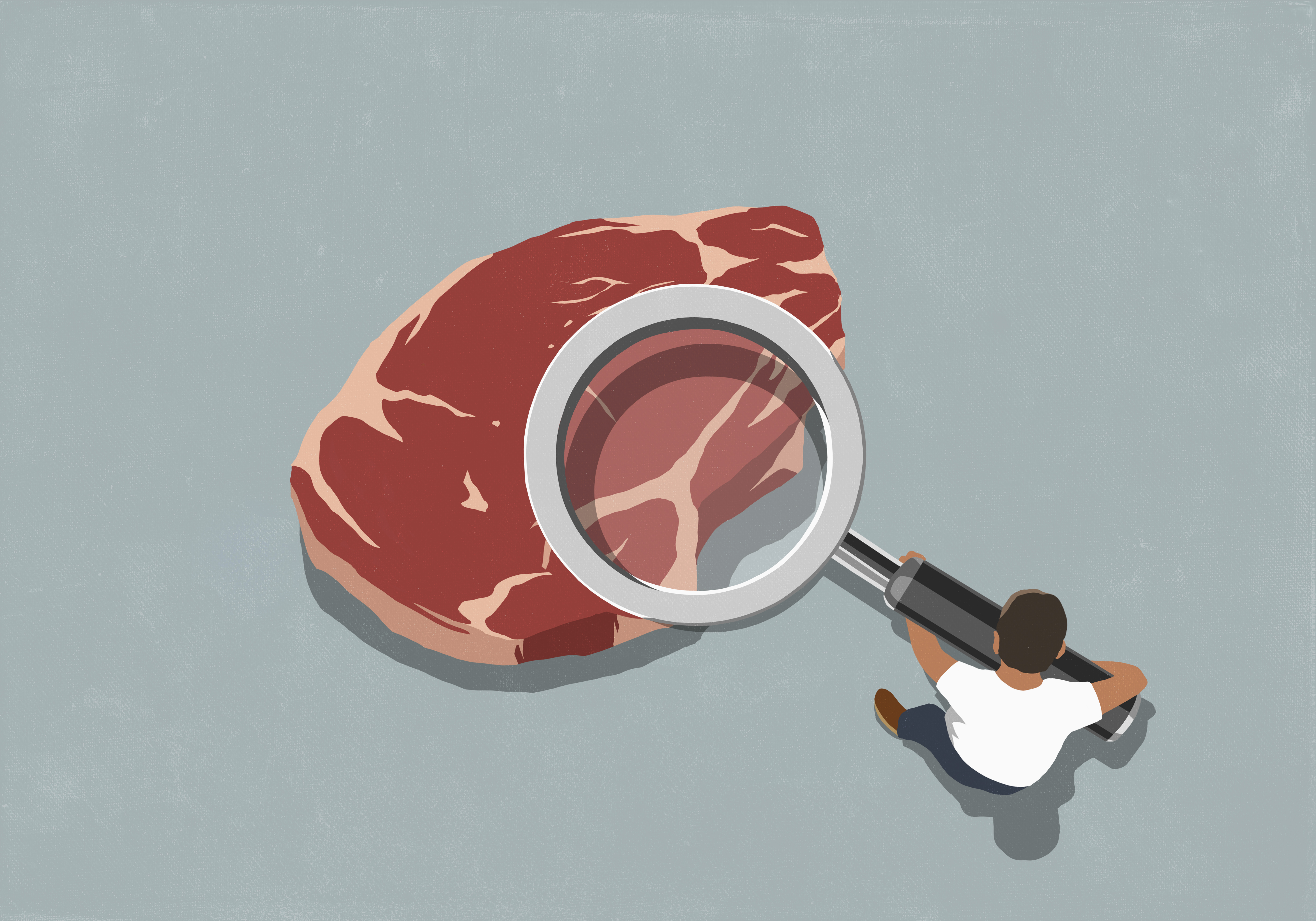 Person inspecting raw meat with magnifying glass for quality analysis