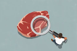 Person inspecting raw meat with magnifying glass for quality analysis