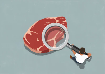 Person inspecting raw meat with magnifying glass for quality analysis