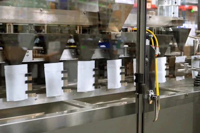 Industrial production line with white containers and metal equipment visible through glass enclosure