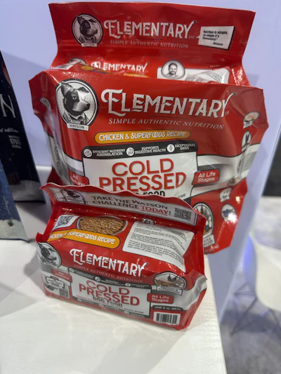 Elementary's pouches in two sizes, both using the Pouch3 Cuboid format. A single web of LDPE formed into a box shape with six printable panels, plus a seventh space on the closure for additional branding or even to act as a retail hang tab.