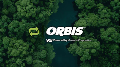 ORBIS logo with lime green circular arrow symbol and 'Powered by Menasha Corporation' tagline on forest background