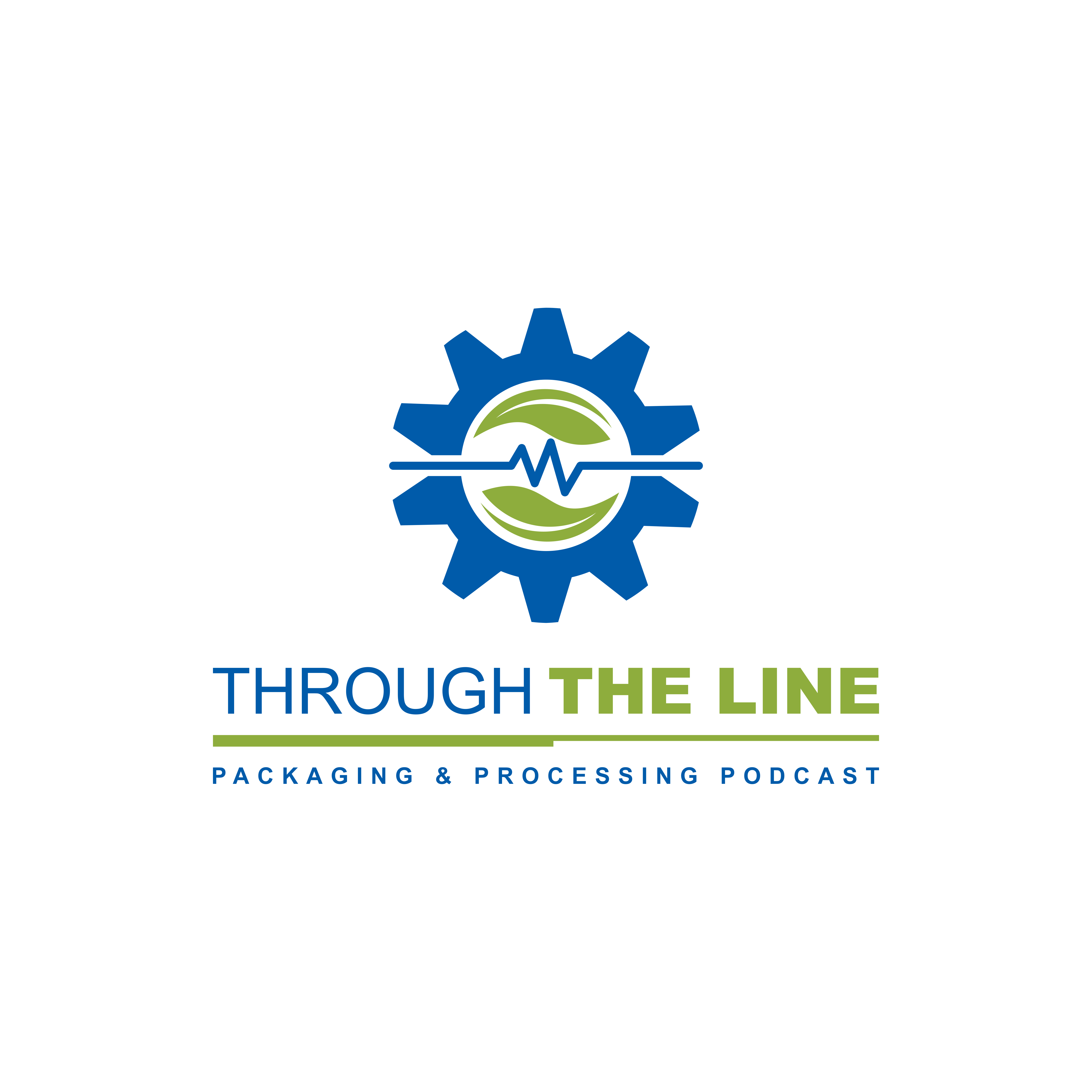 Through The Line Packaging & Processing Podcast logo with blue gear and green leaf design