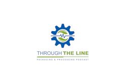 Through The Line Packaging & Processing Podcast logo with blue gear and green leaf design
