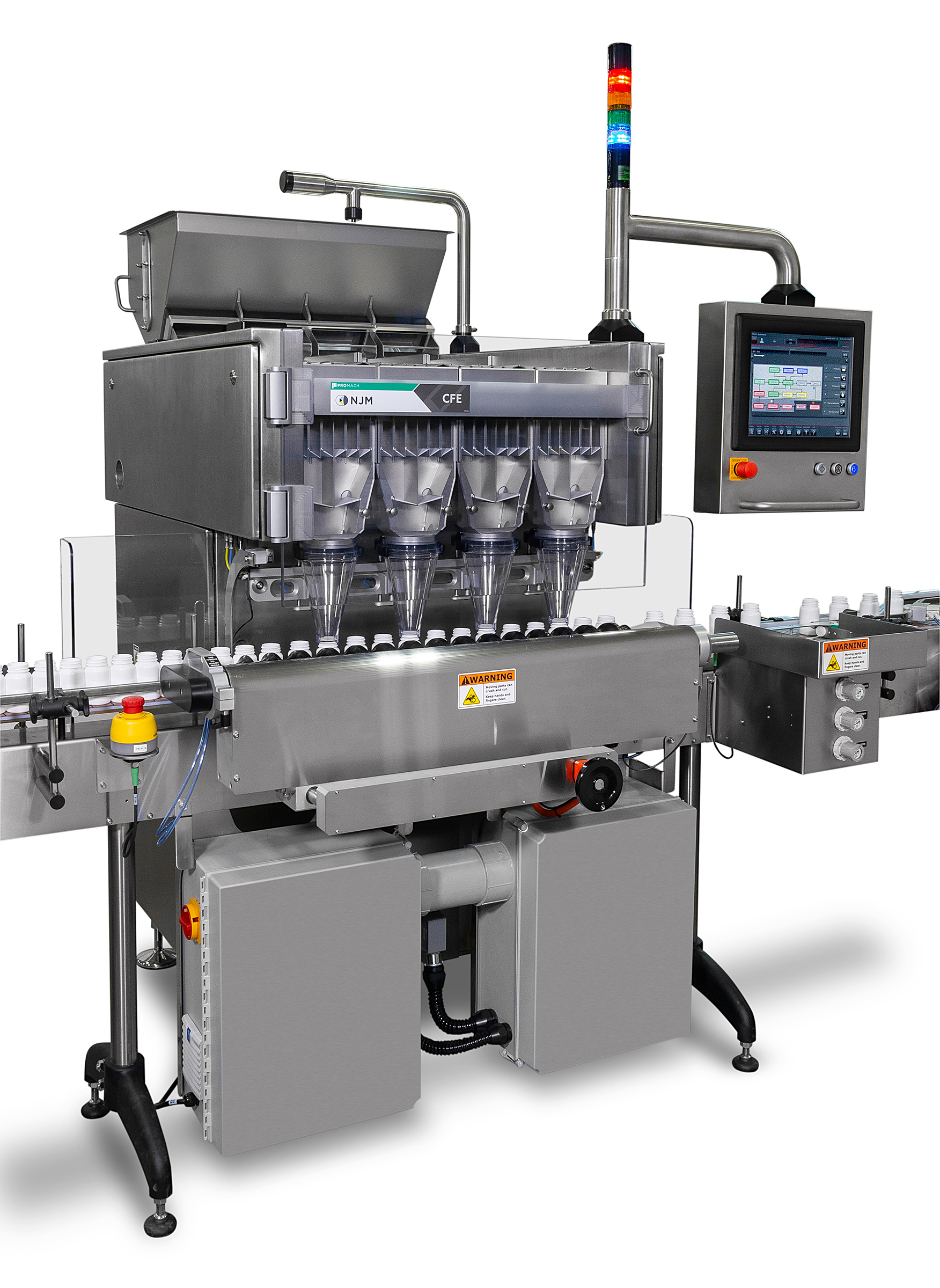 Industrial automated filling machine with control panel, hopper, and multi-channel dispensing system
