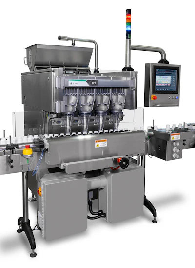 Industrial automated filling machine with control panel, hopper, and multi-channel dispensing system