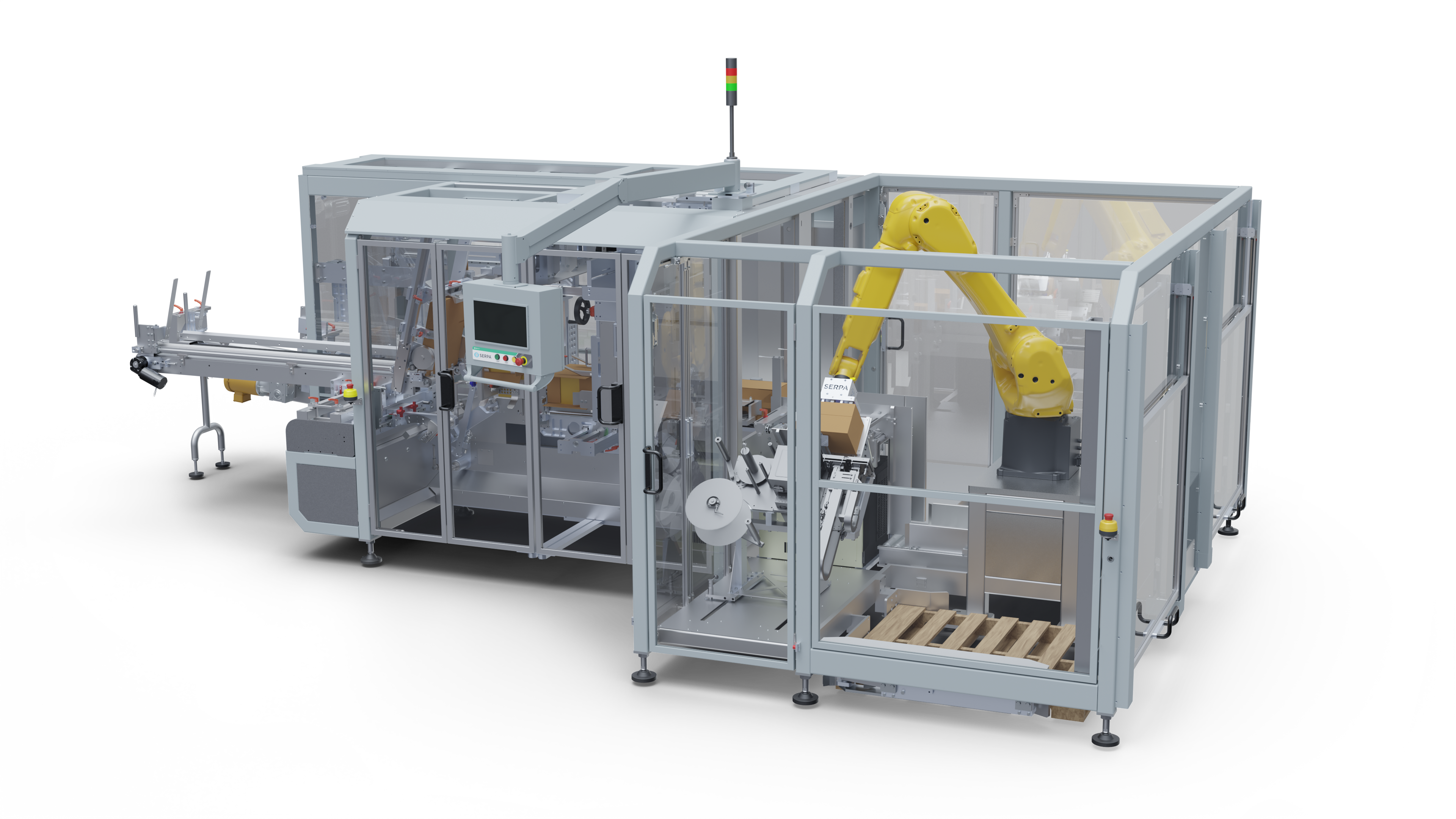 Industrial automated packaging machine with yellow robotic arms and safety enclosure