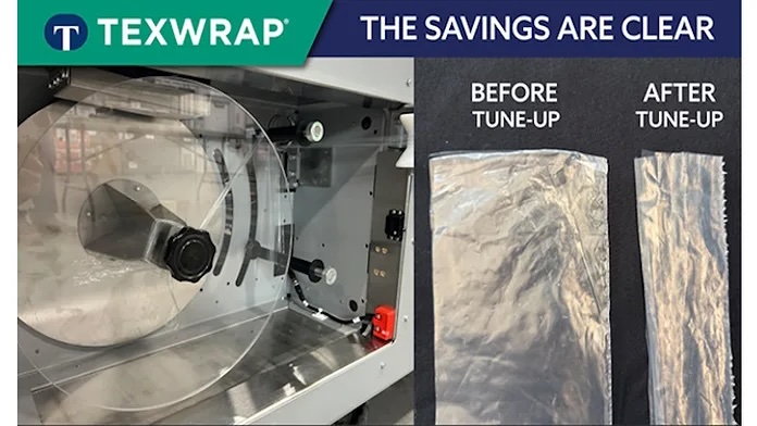 TEXWRAP logo with before and after comparison showing improved fabric clarity after equipment tune-up