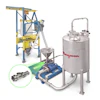 Industrial powder handling system with overhead gantry crane, pneumatic conveyor, motor pump unit, and Flexon storage tank