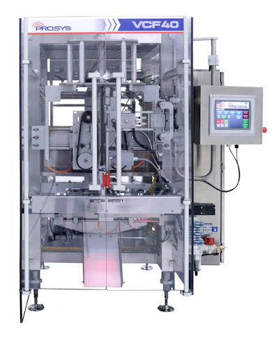 Prosys VCF40 vertical form-fill-seal packaging machine with touchscreen control panel and transparent chamber