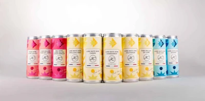 Colorful line of canned beverages in pink, yellow, and blue flavors with matching label designs