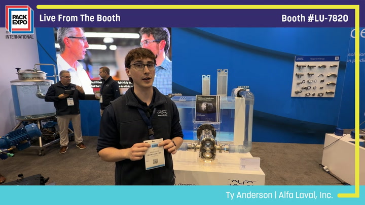 Ty Anderson from Alfa Laval demonstrates packaging equipment at Pack Expo booth LU-7820 trade show