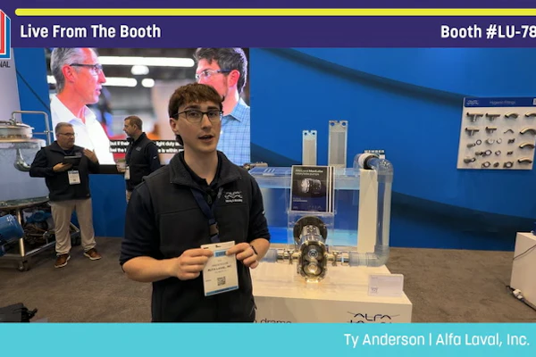 Ty Anderson from Alfa Laval demonstrates packaging equipment at Pack Expo booth LU-7820 trade show