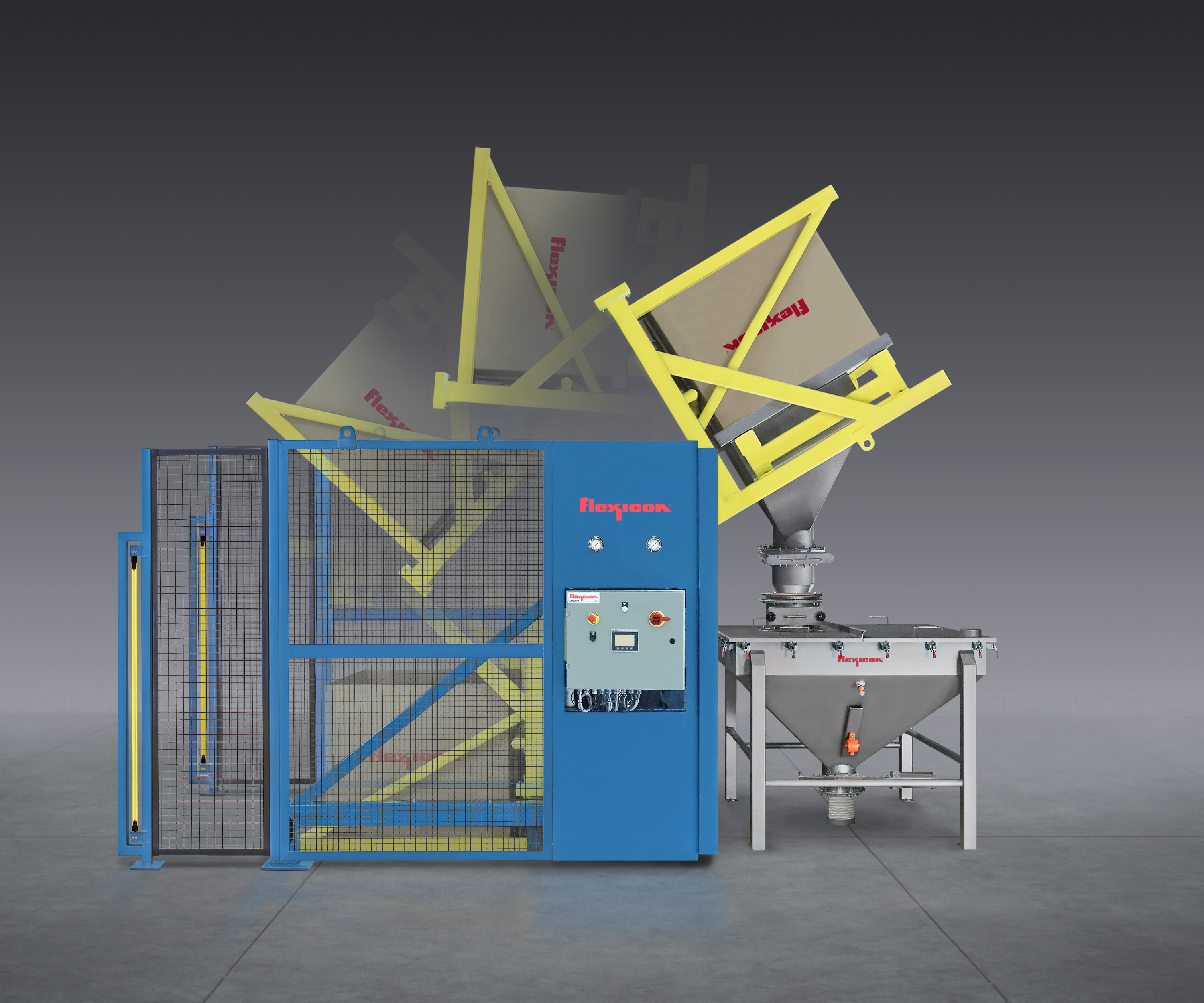 Industrial Heliodyne processing system with blue frame, yellow mechanical arms, and control panel on gray background