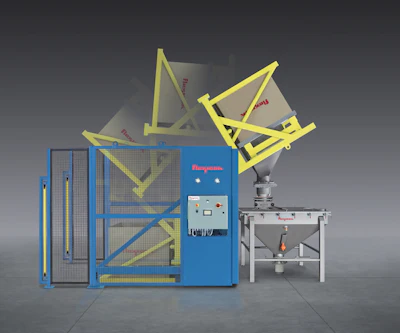 Industrial Heliodyne processing system with blue frame, yellow mechanical arms, and control panel on gray background